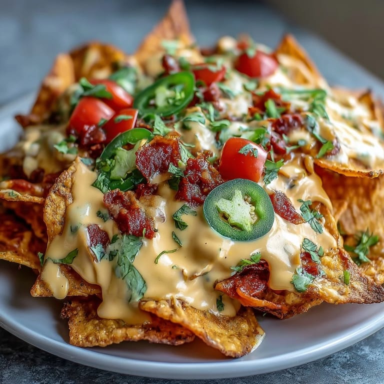 Cheesy nachos loaded with avocado, sour cream, and diced veggies, perfect for a game day snack.