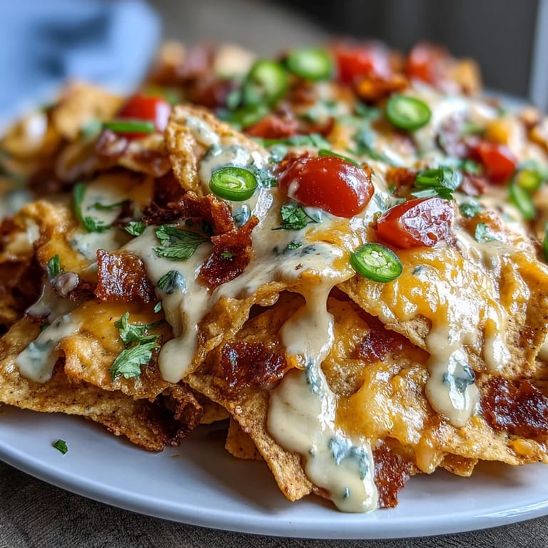 Crispy tortilla chips smothered in rich, creamy cheese sauce and garnished with jalapeños and cilantro.  