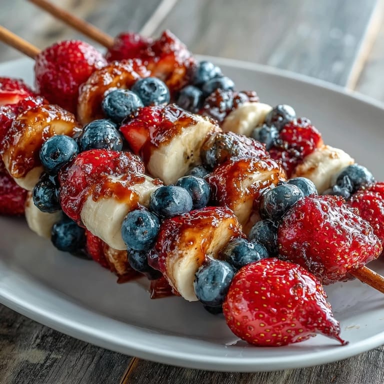 Fresh strawberry and banana fruit skewers drizzled with honey, perfect for summer picnics and patriotic parties.  