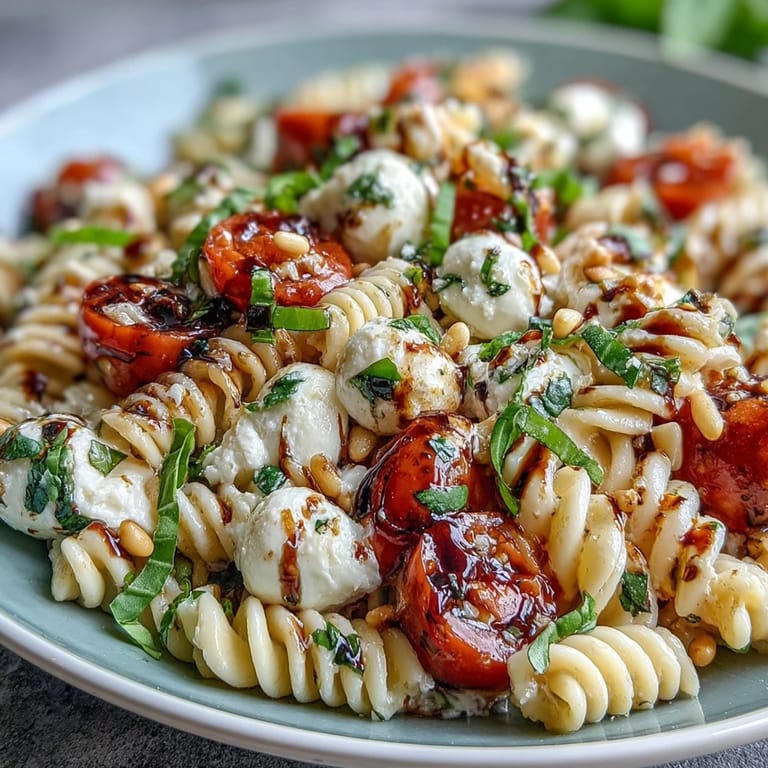 Colorful pasta salad with ripe tomatoes, soft mozzarella, and fresh basil, perfect for picnics and warm-weather gatherings.