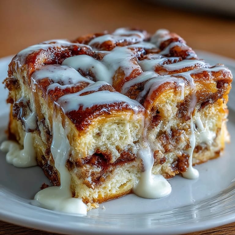 Decadent breakfast casserole featuring fluffy pancakes, cinnamon swirls, and a creamy vanilla cream cheese topping.