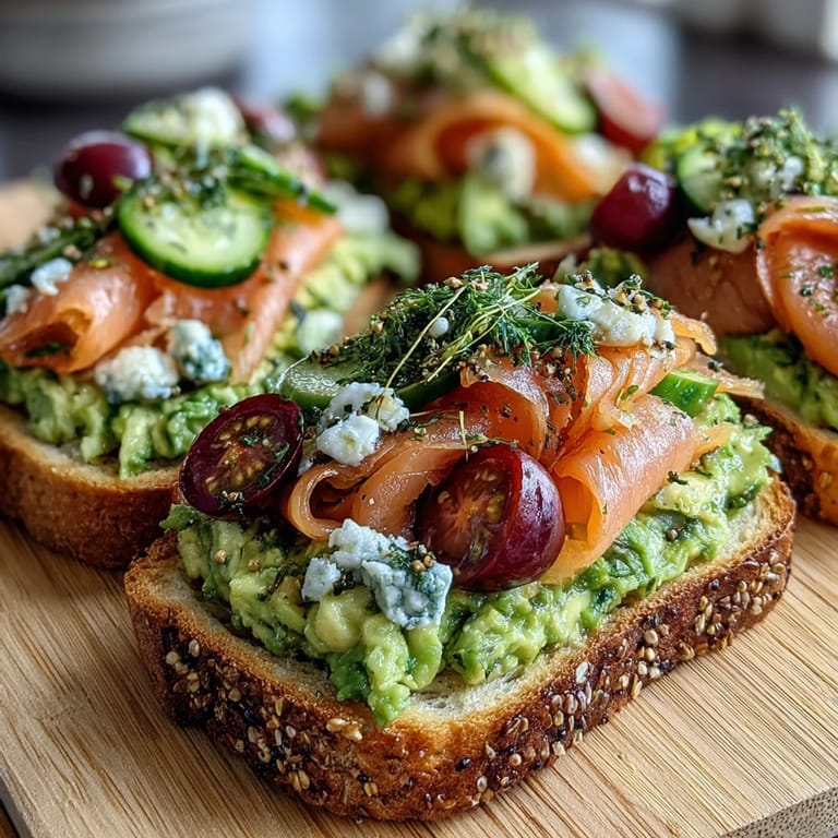 Creamy avocado spread, smoked salmon ribbons, and fresh toppings arranged artfully on rustic sourdough slices.  