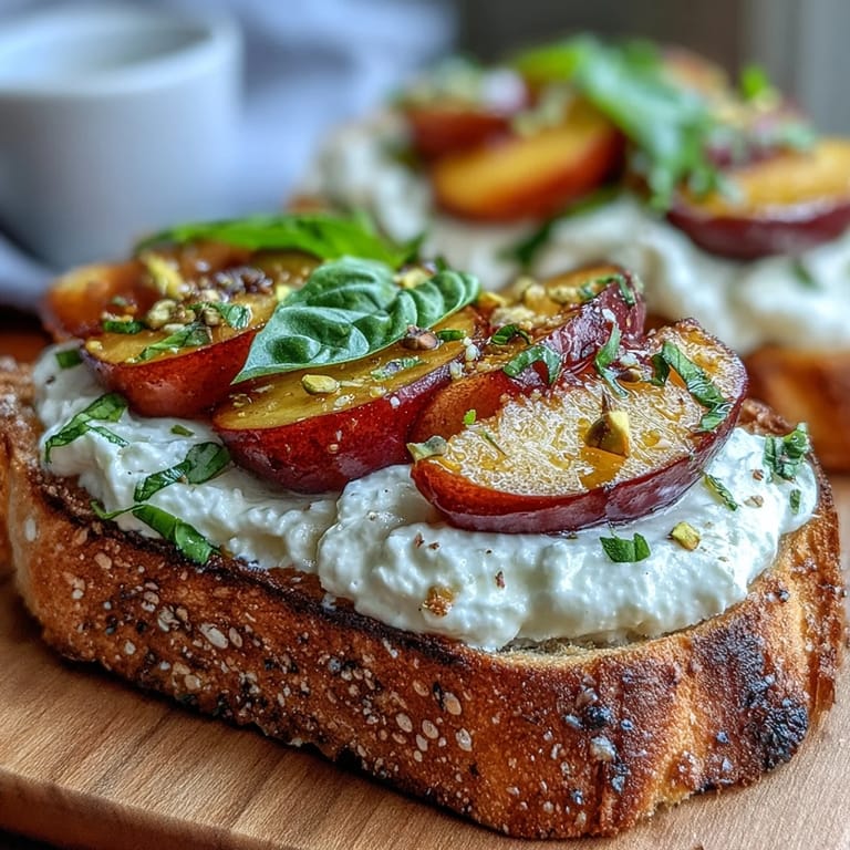 Sweet and savory honey peach burrata toast, garnished with fresh basil and a touch of flaky sea salt.