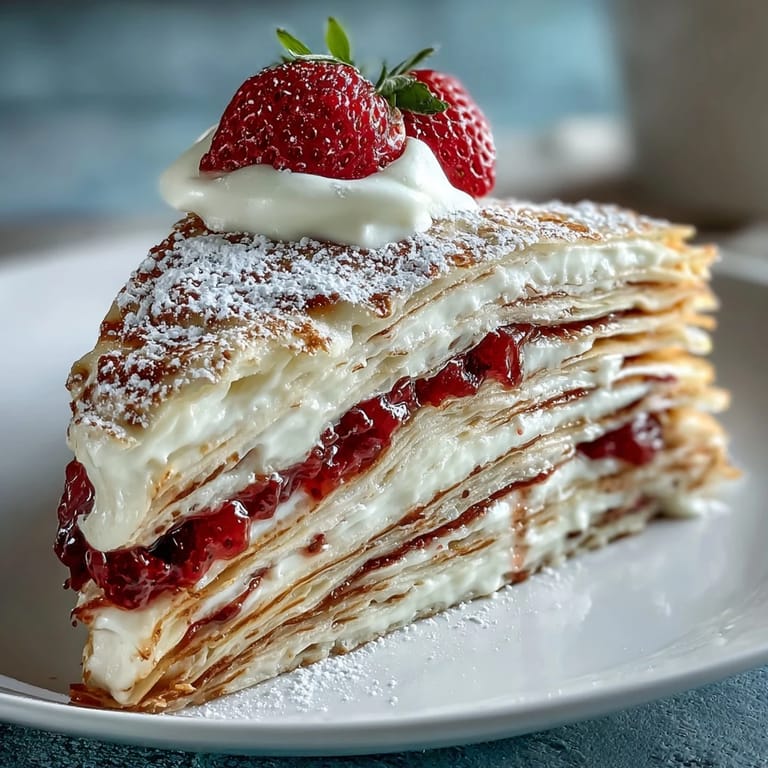 A stunning dessert featuring thin crepes, creamy vanilla filling, and ripe strawberries.  