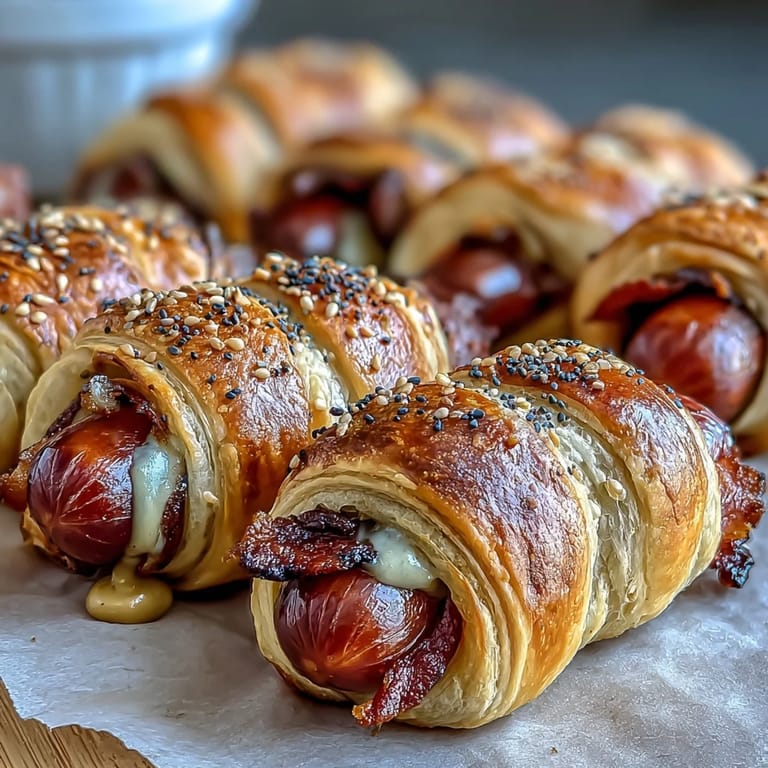 Flaky pastry-wrapped cocktail franks, baked until golden, paired with creamy Dijon-honey sauce for irresistible snacking.