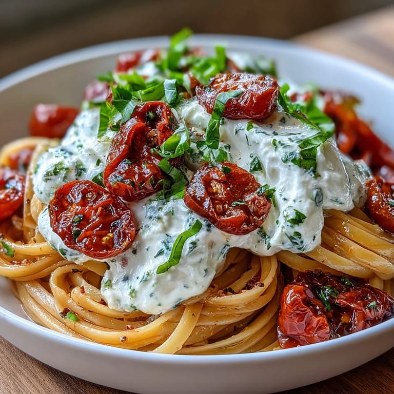 Creamy burrata melting over hot caprese pasta with juicy tomatoes, basil, and a drizzle of olive oil.  