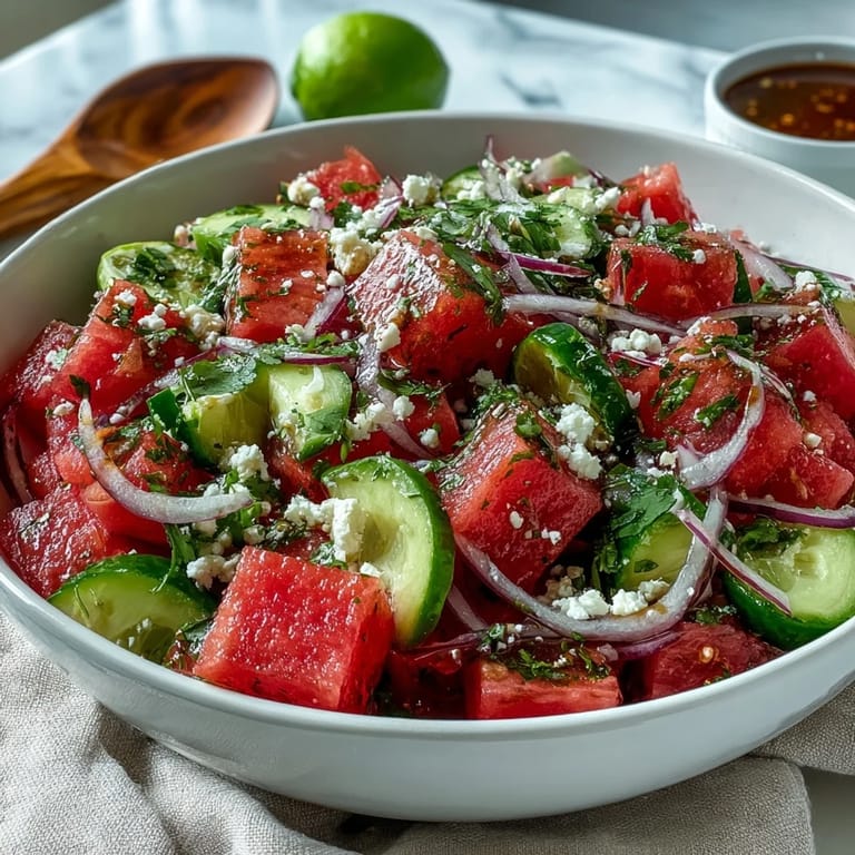 Refreshing Tajin lime watermelon cucumber salad bursting with crisp, vibrant flavors.