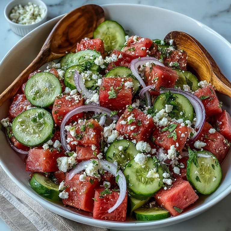 Bright watermelon cucumber salad with zesty Tajin, ready for any picnic spread.