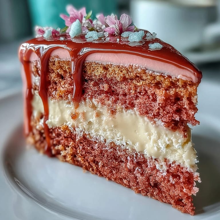 Stunning pink velvet cake infused with rosé wine, adorned with a luxurious gold drip and buttercream rosettes, ideal for bridal shower dessert tables.