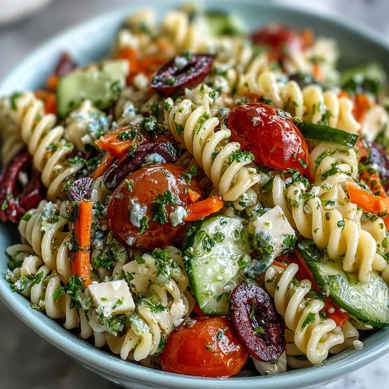 Close-up of a vibrant Memorial Day pasta salad ready for a picnic.