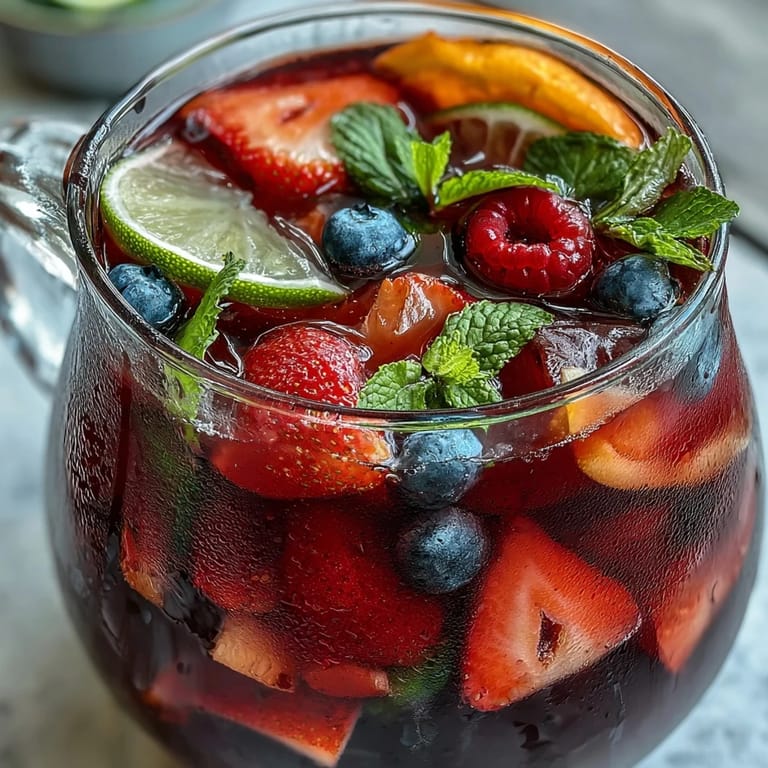 Refreshing iced hibiscus berry tea with juicy citrus slices and garden mint.