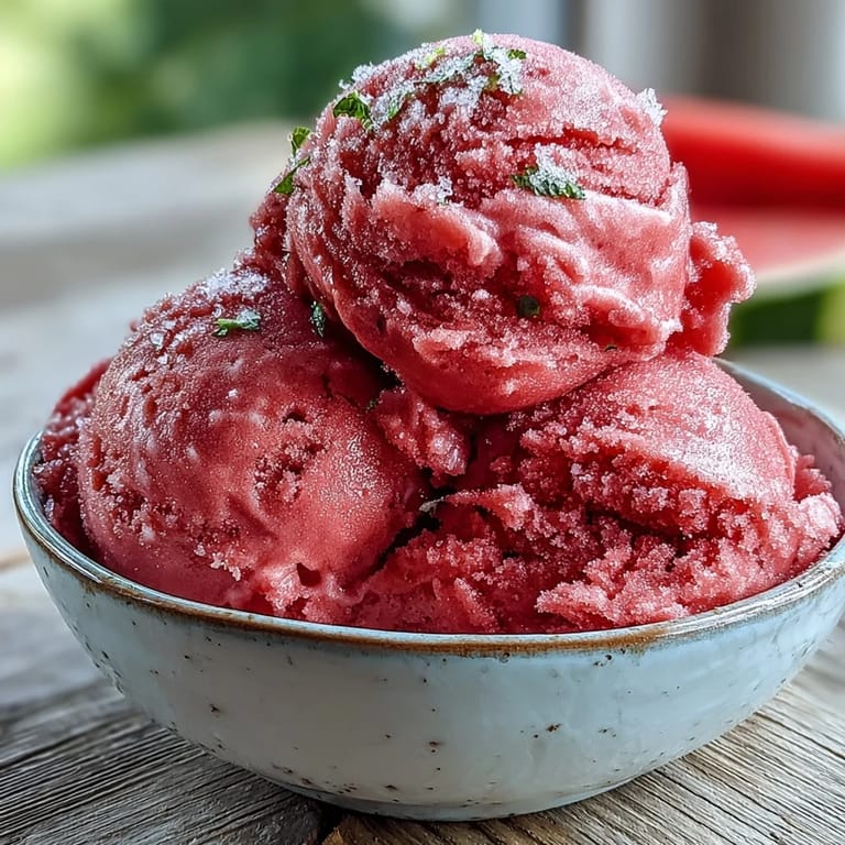 Close-up of refreshingly bright Watermelon Sorbet (3 Ingredients), a perfect naturally sweet, icy dessert.