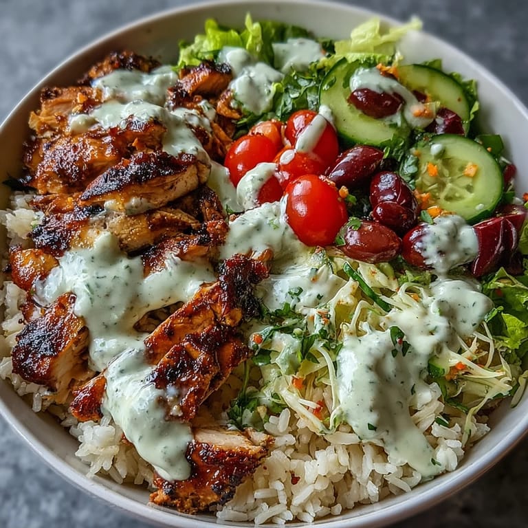 Vibrant chicken shawarma bowl, drizzled with creamy tahini, perfect for lunch.