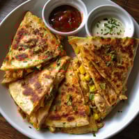 A plate of food with a sauce and a dip.