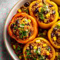 A plate of food with peppers and corn.