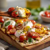 A wooden platter with a pizza topped with tomatoes and cheese.