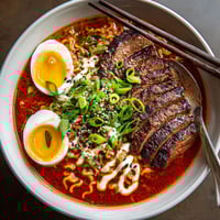 A bowl of noodles with meat and vegetables.