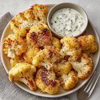 A plate of cooked cauliflower with a bowl of sauce.