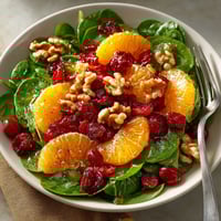 A bowl of salad with oranges, cranberries, and walnuts.