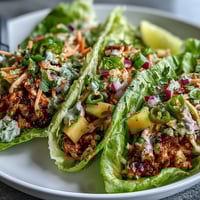 Skinny Spicy Turkey Lettuce Tacos with Mango Slaw topped with vibrant mango and cabbage slaw in fresh lettuce cups.