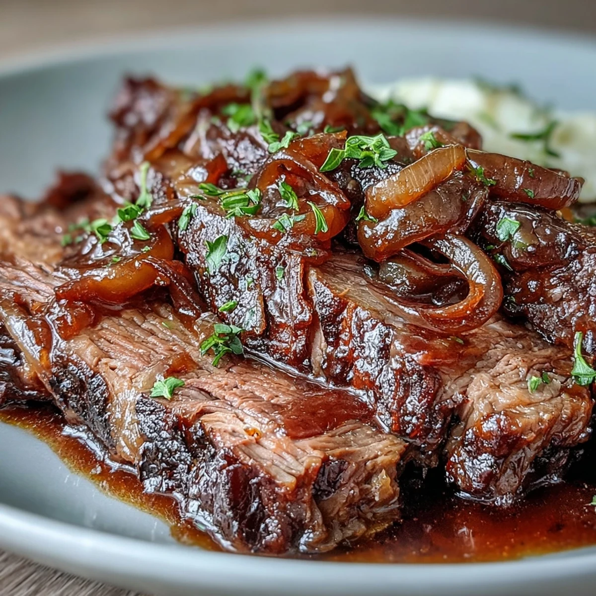 Savory onion soup mix slow cooker pot roast with tender beef and hearty vegetables in rich gravy.  