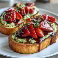 A colorful Galentines brunch spread featuring avocado toast with sliced strawberries and balsamic glaze, perfect for sharing with friends.