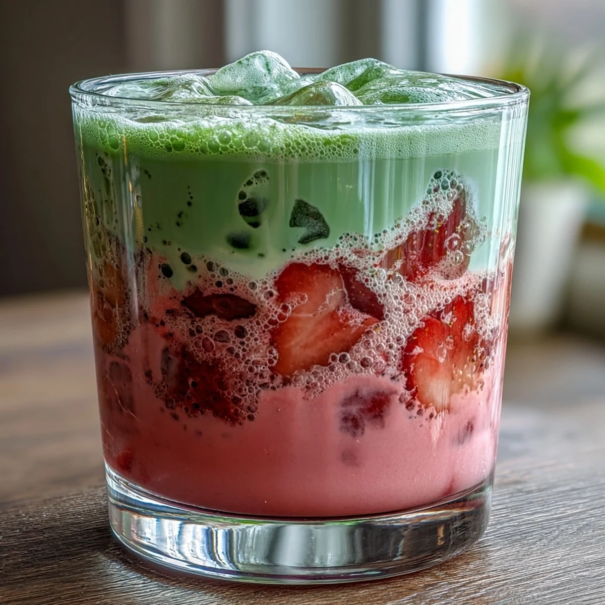 A refreshing strawberry matcha iced latte with vibrant pink and green layers, topped with creamy oat milk.