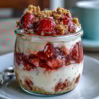 Creamy overnight oats with fresh strawberries and vanilla, layered like strawberry shortcake for a wholesome, easy breakfast treat.