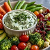 A colorful spread of fresh vegetables arranged around a creamy Green Goddess dip for a healthy, kid-friendly appetizer.  