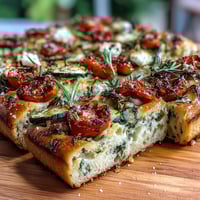 A beautifully decorated focaccia bread with vibrant flower-shaped vegetables and fresh herbs, perfect for baby showers or spring gatherings.