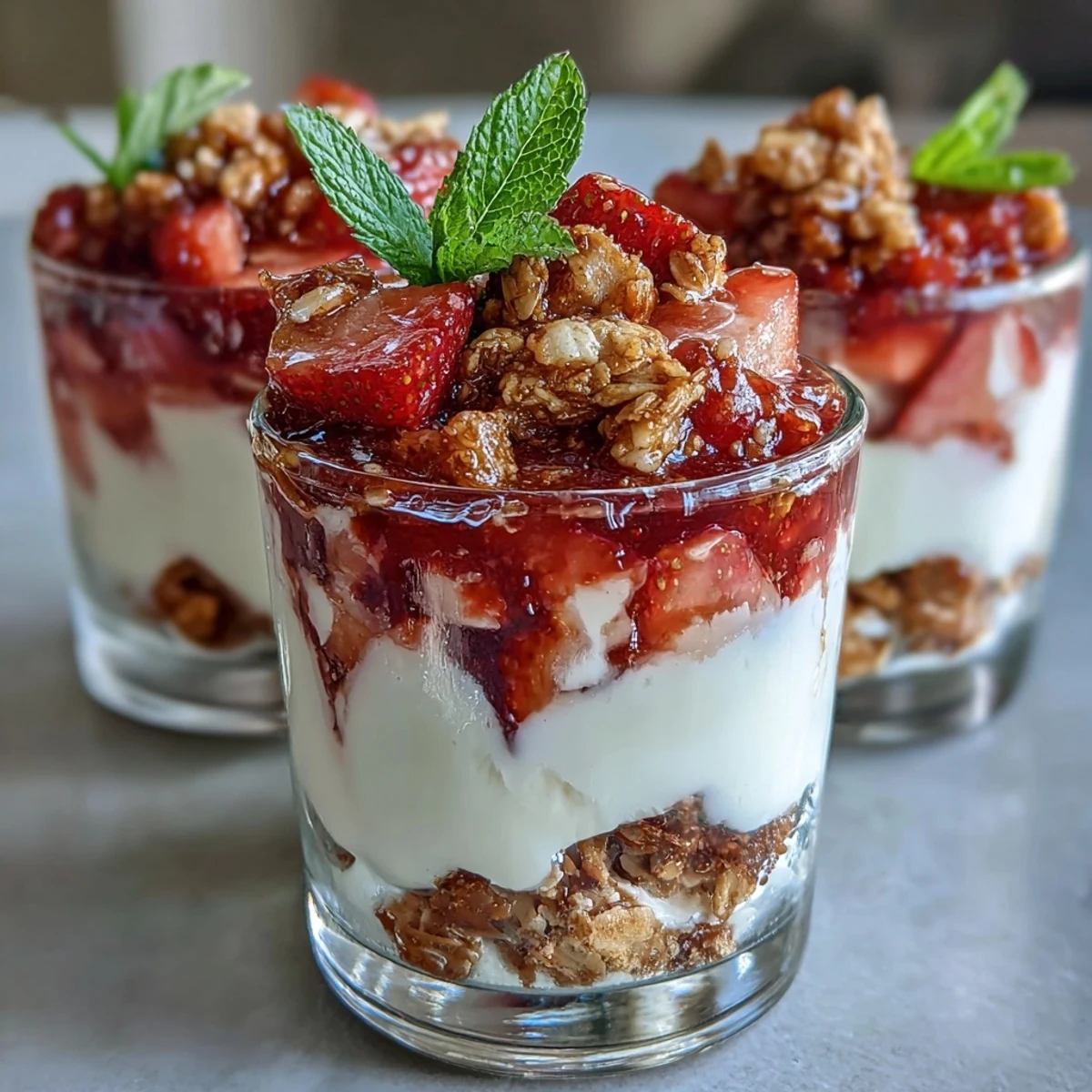 Mini strawberry yogurt parfaits in shot glasses with creamy layers and fresh berries.