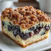 Lemon Blueberry Sourdough Coffee Cake Squares with golden streusel and juicy berries on a rustic wooden board.