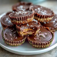 Crunchy pretzel homemade peanut butter cups with creamy filling and smooth chocolate topping.  