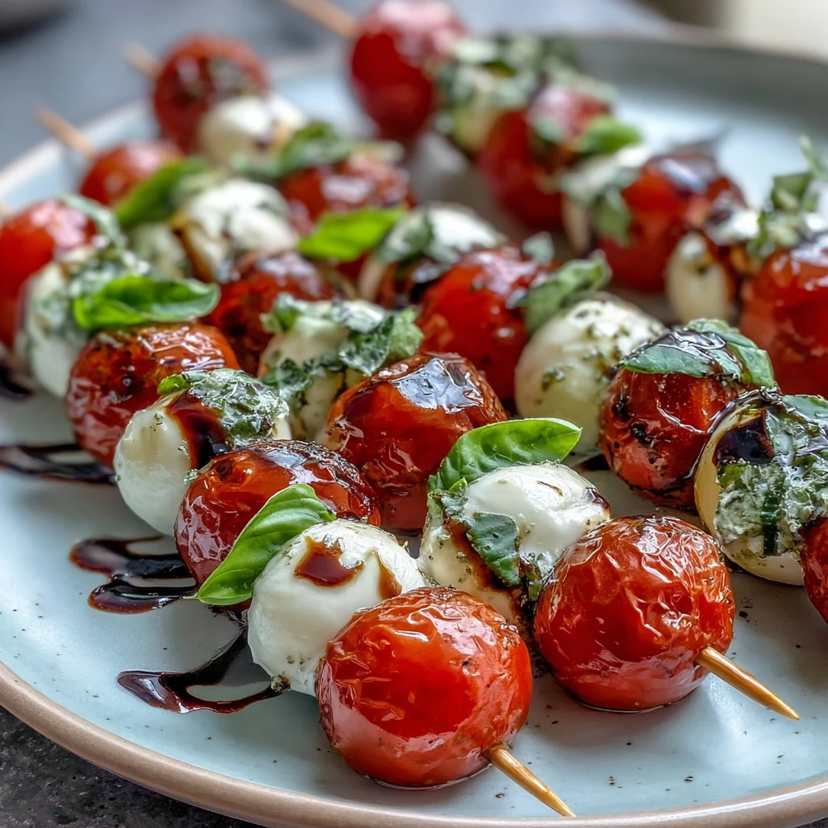 Colorful Picnic Caprese Skewers with juicy cherry tomatoes, creamy mozzarella, and fresh basil, drizzled with sweet balsamic glaze.  