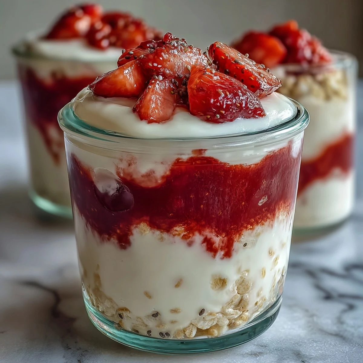 Fluffy Yogurt Overnight Oats with Strawberry Swirl topped with fresh strawberries and nuts for a vibrant, nutritious breakfast.