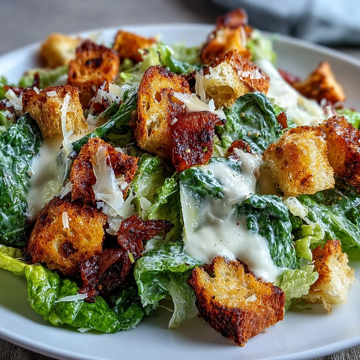 A colorful Caesar salad with crisp romaine lettuce, creamy dressing, and golden sourdough croutons for added crunch and flavor.