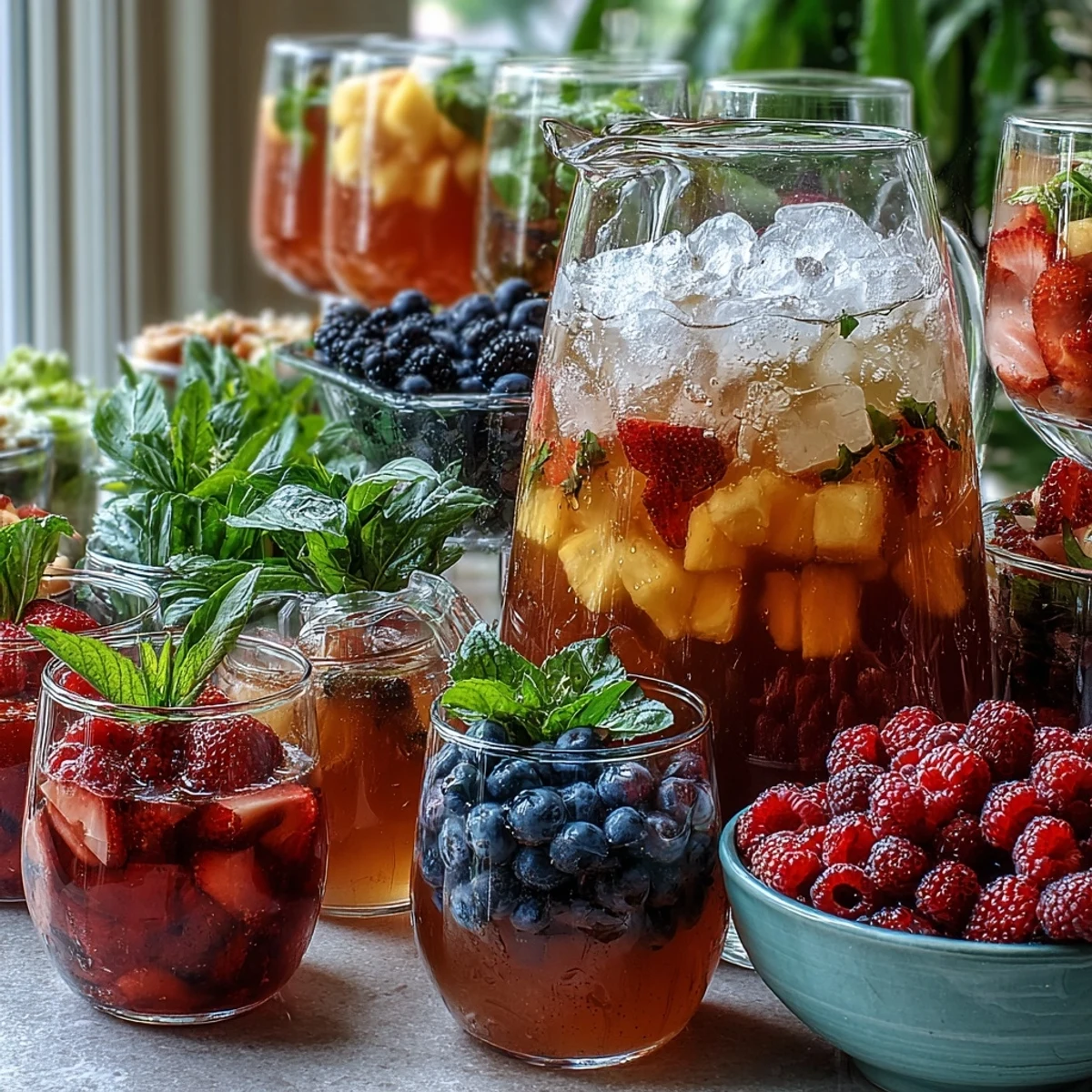Vibrant summer party lemonade bar with DIY flavor mix-ins, fresh fruit, herbs, and syrups for customizable refreshing drinks.  