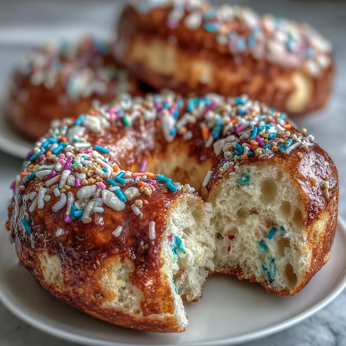 A batch of colorful Rainbow Sprinkle Birthday Cake Protein Bagels, soft and chewy with a festive sprinkle topping, perfect for a high-protein breakfast.