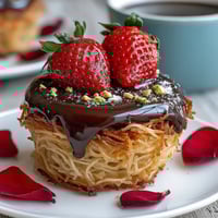 Vibrant Dubai-style strawberry cups with kataifi pastry and dark chocolate, garnished with pistachios and rose petals.