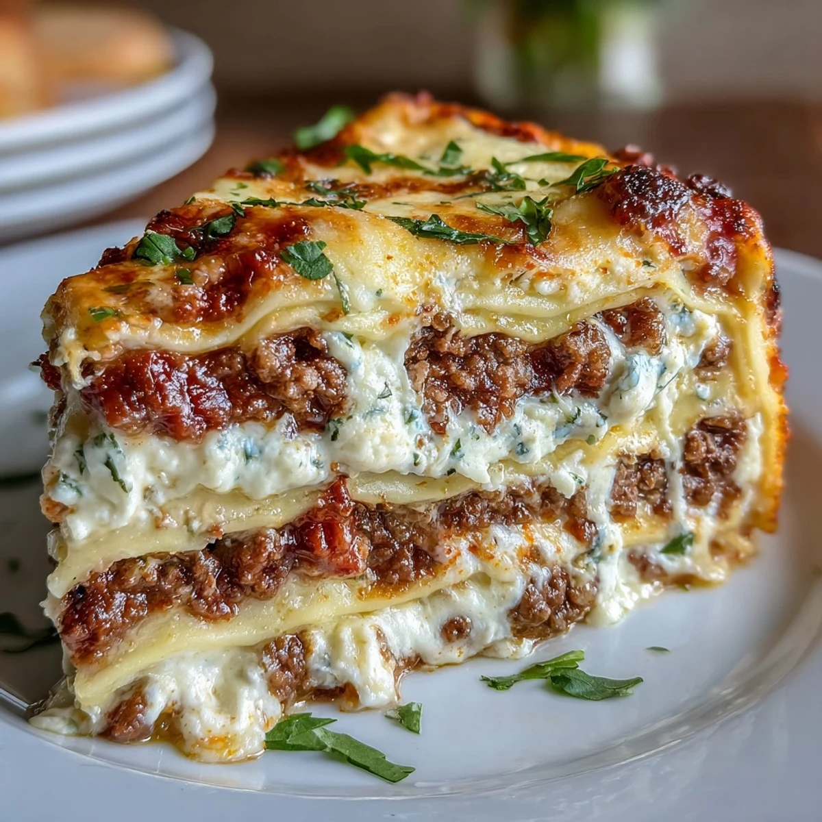 A hearty slice of Ultimate Comfort Food Lasagna with Ricotta, showcasing rich meat sauce and melted mozzarella layers.