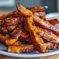 Golden air fryer sweet potato fries with garlic aioli, crispy and seasoned with smoked paprika, served with creamy dipping sauce.