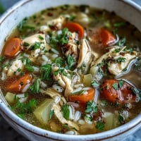 A steaming bowl of one-pot healthy chicken and rice soup with tender chicken, vegetables, and rice in a savory broth.
