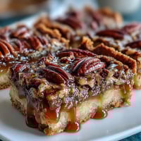 Kentucky Derby Pecan Pie Bars with Brown Sugar Crust on a rustic wooden table, golden brown pecan filling glistening over a buttery shortbread base, perfect for Southern celebrations.