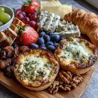 Festive Mothers Day brunch board with mini quiches, fresh fruit, cheeses, and pastries for a celebratory spread.  