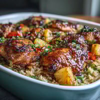 Vibrant pineapple chicken and rice bake with tender chicken, juicy pineapple, and glossy teriyaki glaze, served hot from the oven.