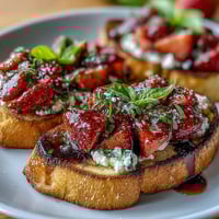 Fresh strawberry and goat cheese bruschetta toasts drizzled with balsamic glaze, perfect for summer appetizers.  