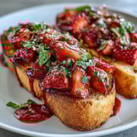 Fresh strawberry bruschetta with balsamic and mint, served on golden toasted baguette slices, garnished with fragrant herbs and tangy glaze.