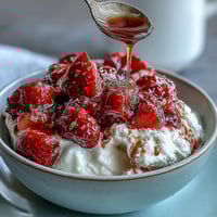 Fresh strawberry compote drizzled over creamy Greek yogurt, topped with a hint of honey for a light dessert.
