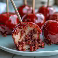 Mini Candy Apple Bites on Toothpick Skewers: glossy red candy-coated apple chunks, perfect for festive parties or fall gatherings.