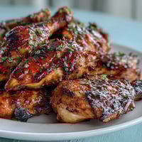 Honey Garlic Baked Chicken Thighs with a golden, sticky glaze and crispy skin. Honey Garlic Baked Chicken Thighs served on a platter with fresh parsley and sesame seeds. Juicy chicken thighs baked in a sweet and savory honey garlic sauce, perfect for dinner.